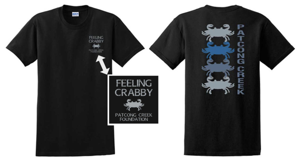 Feeling Crabby T-shirt design with "Feeling Crabby" on front and multi-crabs and "Patcong Creek" on the back.